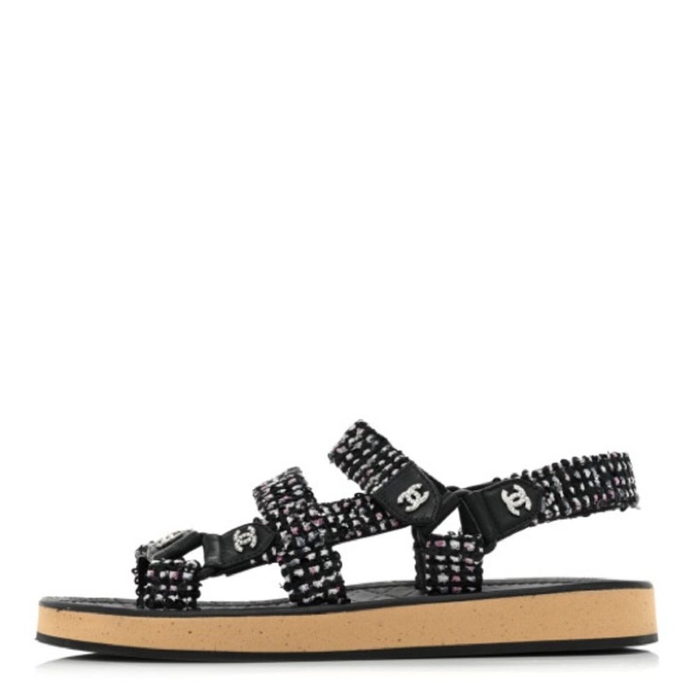 Chanel - Tweed Lambskin Crystal CC Slingback Sandals in Black Multicolor